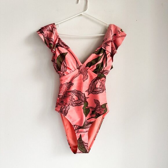 Hutch Floral Salmon Pink Ruffle Detail One Piece Swimsuit S - Picture 7 of 8